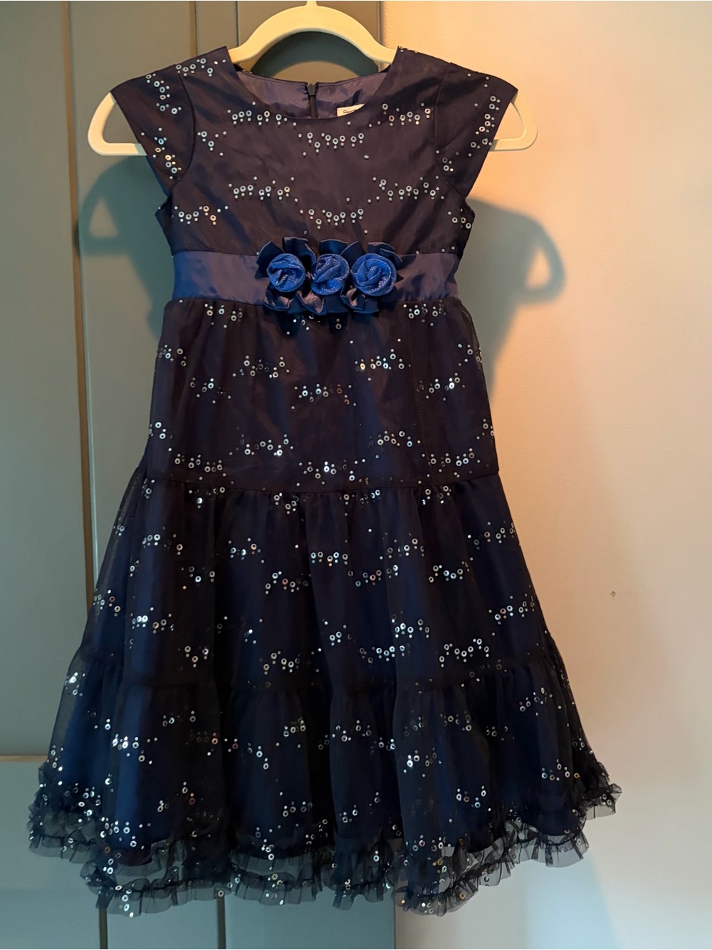 Navy Sequin Flower-Belted Special Occasion Dress for Girls